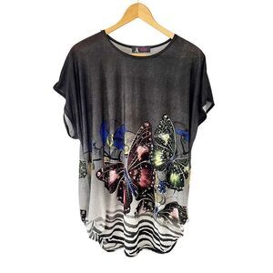 Black Butterfly Graphic Printed Loose Drop Shoulders Short Sleeve Blouse